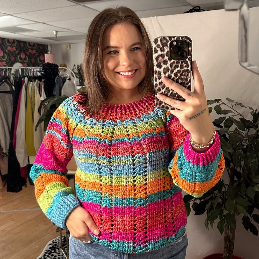 Rainbow Stripe Crochet Knit Long Sleeve Pullover Sweater